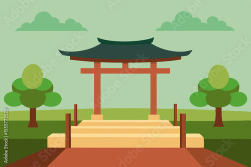An empty and serene Japanese garden with a stone path a pond and a small pagoda