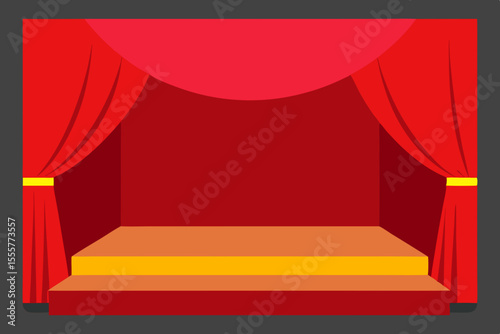 An empty theater stage is framed by heavy red curtains with the floor brightly lit