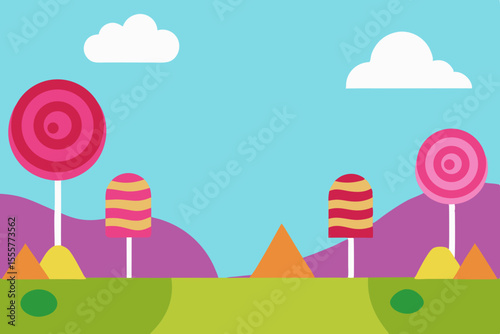 A colorful candy land background with lollipop trees and chocolate rivers no characters