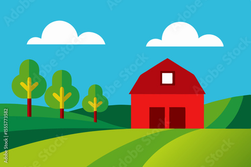 A classic farm landscape featuring a red barn and silo in fields with no animals