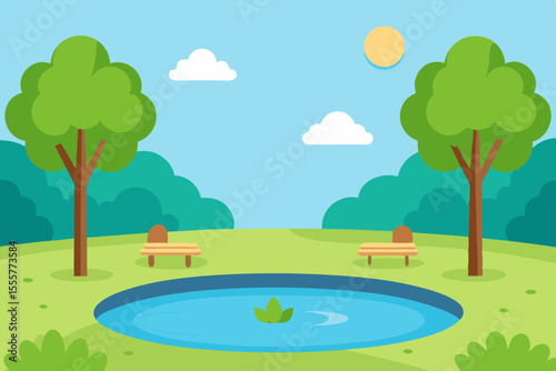 An empty city park with a still pond and surrounding green grass but with no ducks