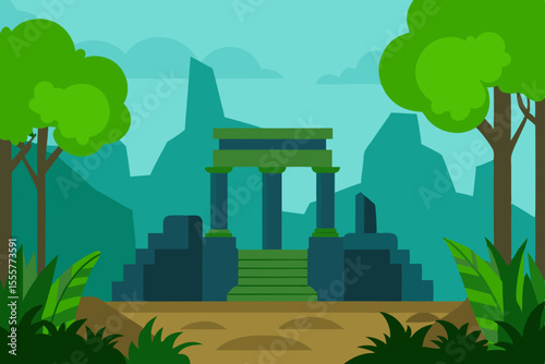Ancient jungle temple ruins half covered by vines and moss without any visible animals