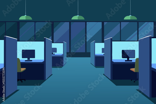 A scene of empty cartoon office cubicles suggesting a quiet after hours workplace