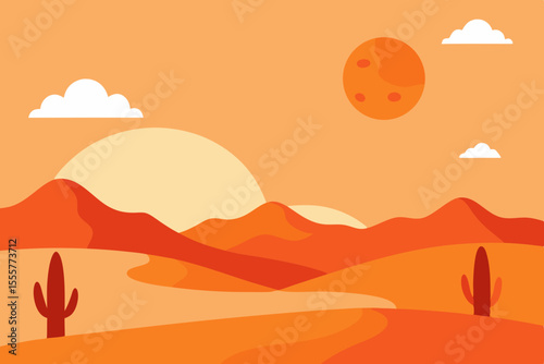 A broad sunbaked desert expanse presenting rolling sand dunes tall cacti and a clear sky