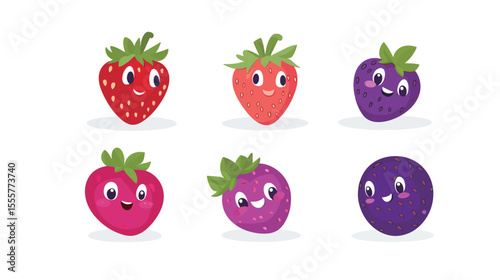 Charming collection of cute cartoon berries, each with unique expressions and distinct characters, illustrated in a playful and colorful kawaii style, ideal for children’s designs, fruit-themed 