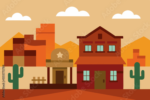 An old wild west frontier town with a dusty saloon a sheriffs office and wooden buildings