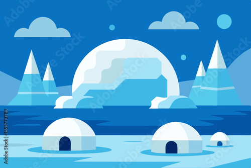 A vast frozen arctic landscape featuring large icebergs igloos and wandering polar bears