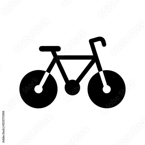 A simple black bicycle icon with rounded tires handlebars and a seat on a white background
