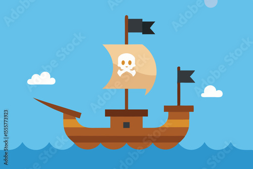 A formidable pirate vessel sailing the open ocean flying a skull and crossbones flag