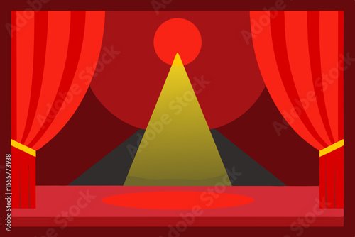 A vacant theater stage is revealed behind parted red curtains with a single spotlight