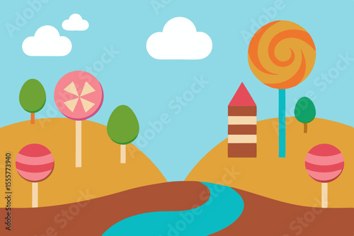 A whimsical candy land universe with chocolate rivers lollipop trees and gummy hills