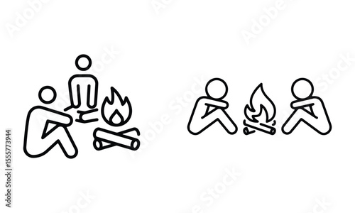 Two people sitting by the campfire icon. Thin line editable stroke vector for camping, adventure, outdoor life, hiking, bonfire, survival, and wilderness experience. Vector illustration eps file.