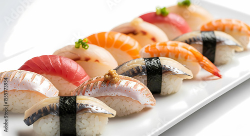 An elegant close-up of a neatly arranged selection of various nigiri sushi pieces, presented on a pristine white rectangular platter.