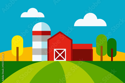 A rustic countryside farm scene featuring a large red barn a silo and rolling fields