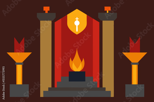 A grand medieval throne room adorned with royal banners lit torches and a majestic seat