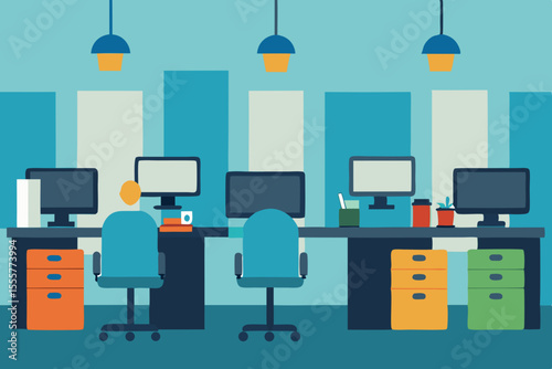 A bustling modern workplace environment filled with cubicles computers and active people
