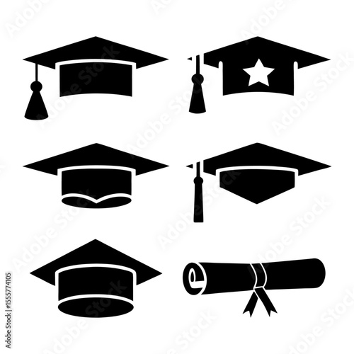 A collection of graduation caps and a diploma scroll in black silhouette on white background