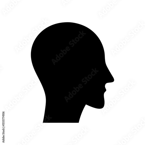 A stark silhouette of a human head in profile against a plain white background image view