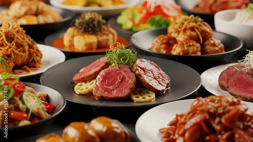 A lavish spread of various gourmet dishes, with a focus on beautifully plated slices of rare, seared meat adorned with herbs and lotus root slices in the foreground.