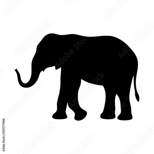 An isolated black silhouette of an elephant standing on a white background in a simple style