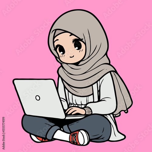 young female muslim student sitting on the floor holding laptop