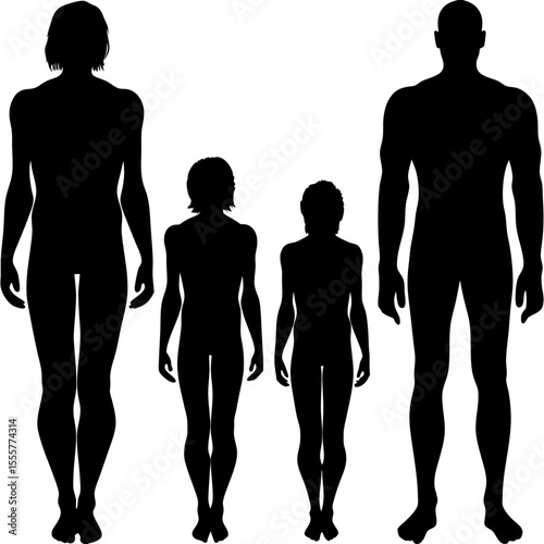 Silhouettes of a family of four, showing different heights, isolated on white background