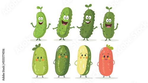 Delightful set of cute cartoon pickles with different characters and playful expressions, designed in a cheerful kawaii style, ideal for food-themed illustrations, children’s content