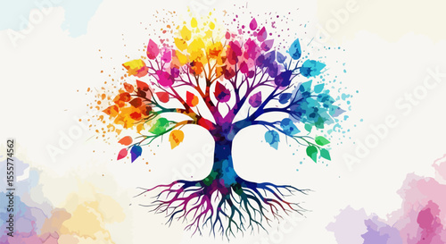 A symbolic representation of life, growth, and unity through a watercolor tree filled with colorful splatters and flowing lines