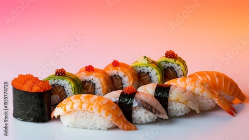 An attractive assortment of various sushi pieces, including nigiri with shrimp and fish, maki rolls with salmon and avocado, and gunkan maki topped with orange tobiko (fish roe). 
