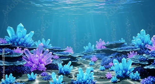 Underwater Crystal Garden: Blue and Purple Gemstones in a Tranquil Ocean Scene