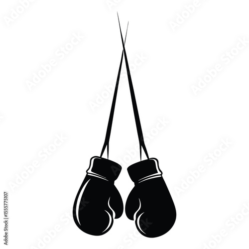 Pair of black boxing gloves hanging isolated on white background