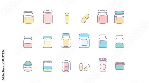 Set of cute supplement icons featuring capsules, tablets, and vitamins in colorful and simple vector style, ideal for health, wellness, nutrition, medical apps, educational materials, and clean modern