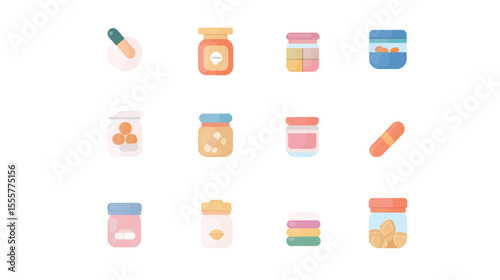 Set of cute supplement icons featuring capsules, tablets, and vitamins in colorful and simple vector style, ideal for health, wellness, nutrition, medical apps, educational materials, and clean modern
