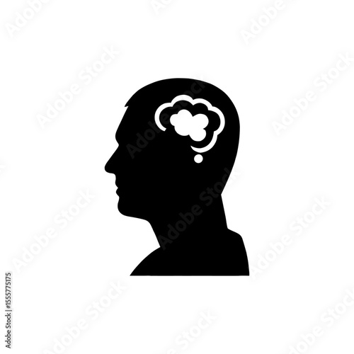 A silhouette of a mans head with a thought bubble inside isolated on white background