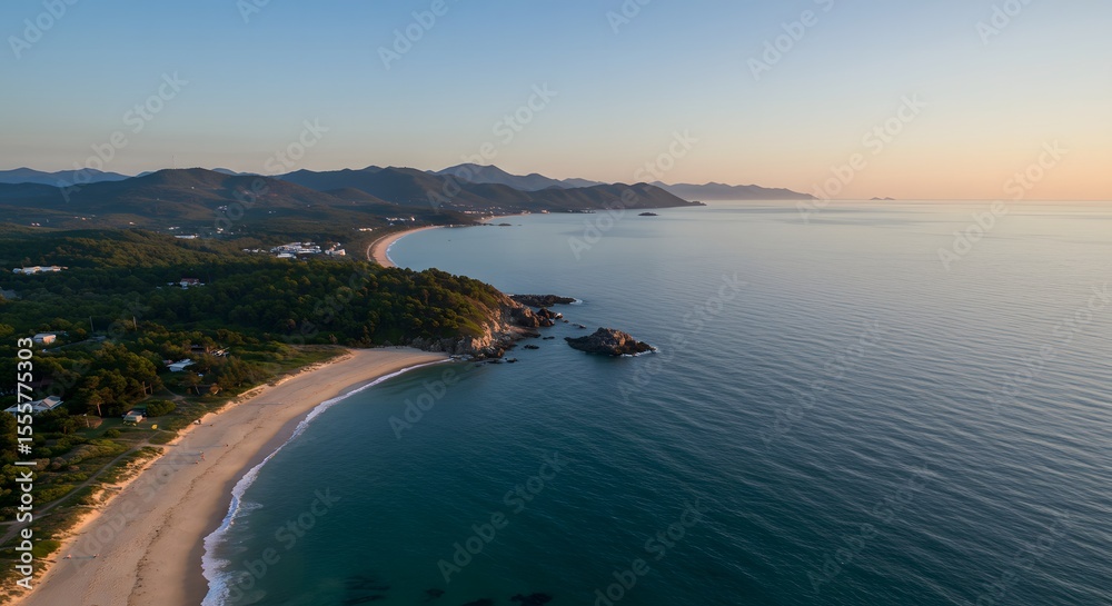 Obraz premium Beautiful Aerial View of Beach Coastline and Ocean at Sunrise