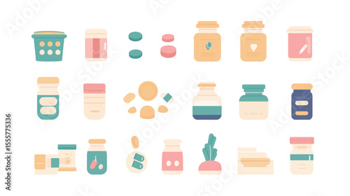 Set of cute supplement icons featuring capsules, tablets, and vitamins in colorful and simple vector style, ideal for health, wellness, nutrition, medical apps, educational materials, and clean modern