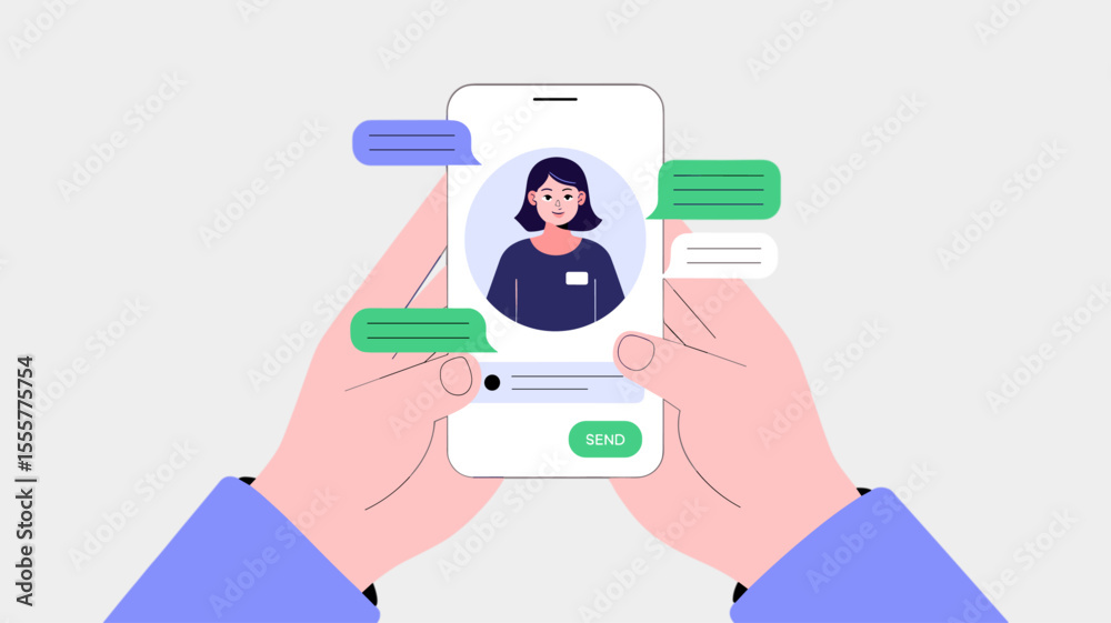 user's hands holding smartphone with customer service chat, vector illustration for online store support, live chat assistance and mobile helpdesk