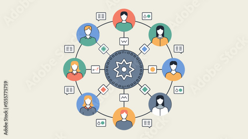 network of user avatars in a circle, vector illustration for a decentralized autonomous organization structure, blockchain governance and peer-to-peer community