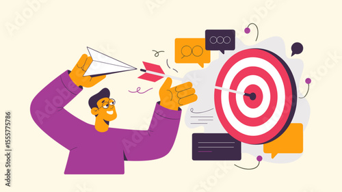 marketer launching paper plane hitting target bullseye, vector illustration for digital marketing strategy, campaign success and achieving business goals