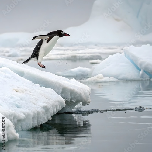 Adelie penguin jumping between two ice floes