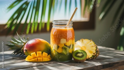 A vibrant, layered tropical smoothie in a glass jar with a straw, showcasing distinct green, yellow, and orange layers.