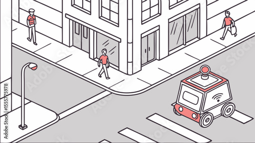 Autonomous delivery robot on urban street top futuristic vector design