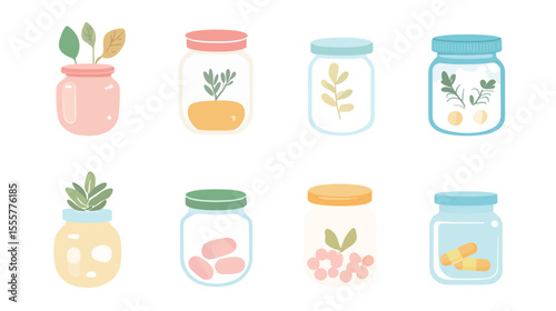 Set of cute supplement icons featuring capsules, tablets, and vitamins in colorful and simple vector style, ideal for health, wellness, nutrition, medical apps, educational materials, and clean modern