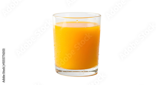 A clear glass filled to the brim with vibrant, freshly squeezed orange juice, showcasing its bright natural color and a few condensation droplets on the exterior.