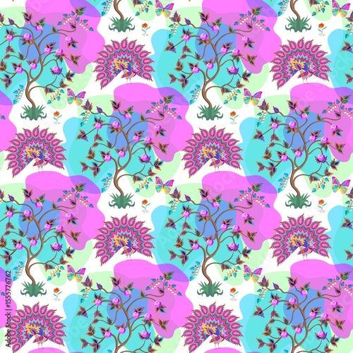 Blooming magnolia trees, peacocks and large bright tropical butterflies on a white background seamless pattern in vector. Beautiful print for fabric.