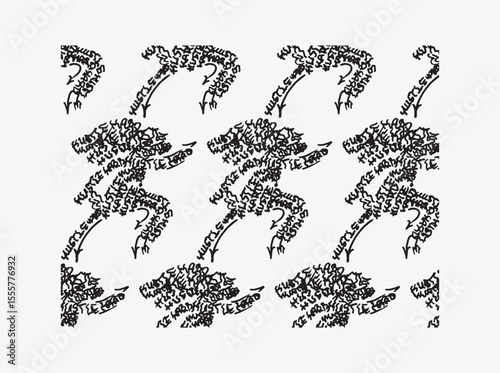 Black and white seamless pattern of abstract running figures. Suitable for textiles, wallpapers, and backgrounds.