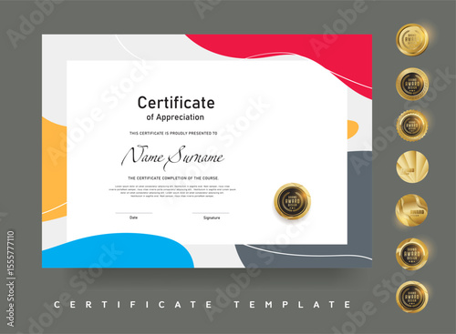 Wallpaper Mural Bright and modern certificate template featuring colorful abstract shapes and a golden award badge suitable for education or recognition Torontodigital.ca