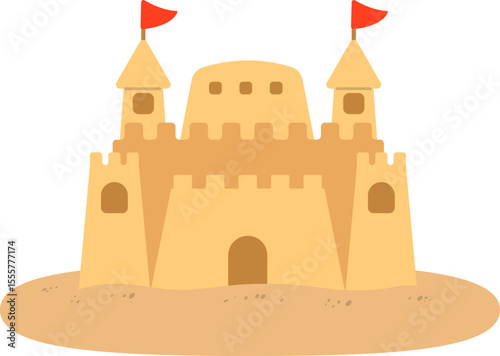 Cute Sand Castle Illustration with Red Flag for Summer Beach Theme