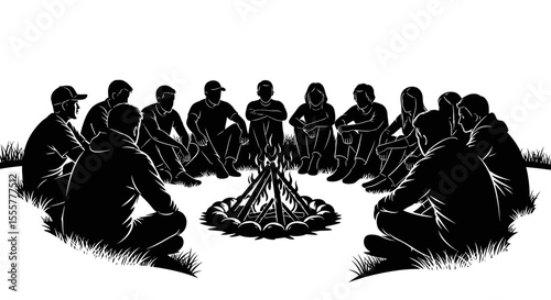 Silhouetted Group of People Seated Around a Campfire, Casual Clothing, Relaxed Posture