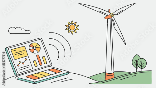 Renewable energy smart wind turbine with data v futuristic vector design